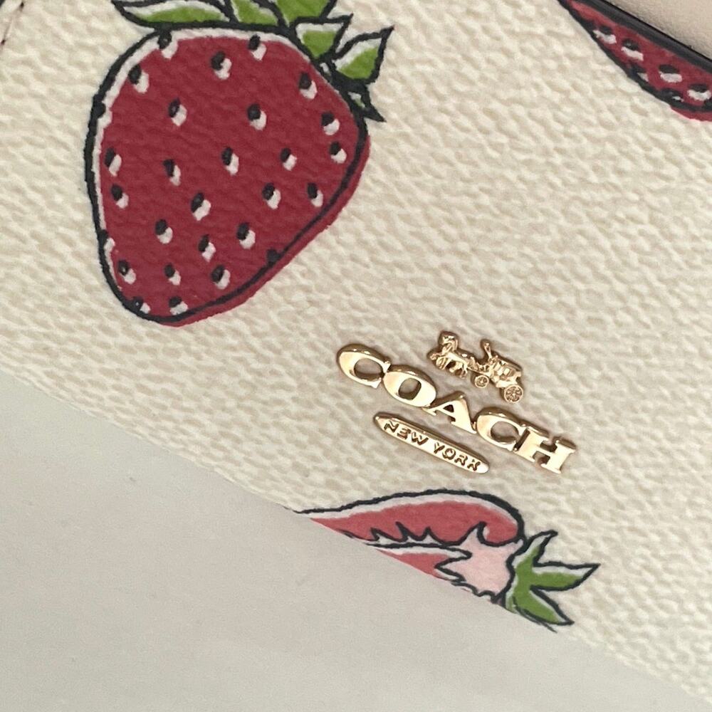 Coach Mini Skinny ID Wallet CAR17 Strawberry Print White Red Keyring - Picture 7 of 9